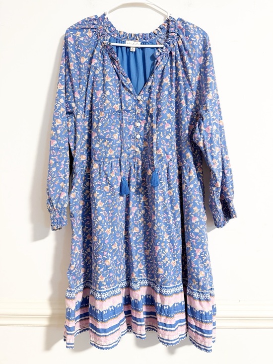 Wonderly Dresses & Skirts - Wonderly Blue Floral Cotton Peasant Dress Smocked Cuffs XL